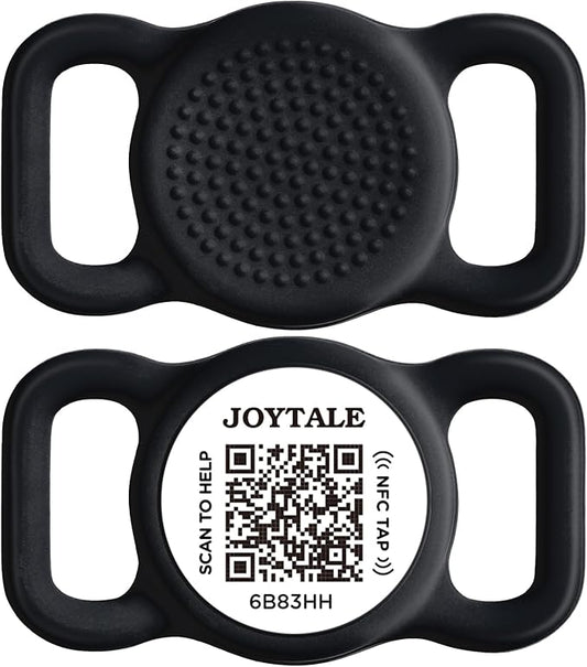 Joytale [ NO APP Required ] Silent Silicone QR Code Dog Tag, Slide On Dog Tags for 1 Inch Wide Collars or Vest, NFC Pet Online Profile, Scan QR to Send Location Alert Email, Black, M