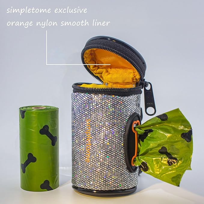 simpletome Dog Waste Bag Dispenser for Leash Belt Waterproof Microfiber Leather YKK Zipper (Bling)