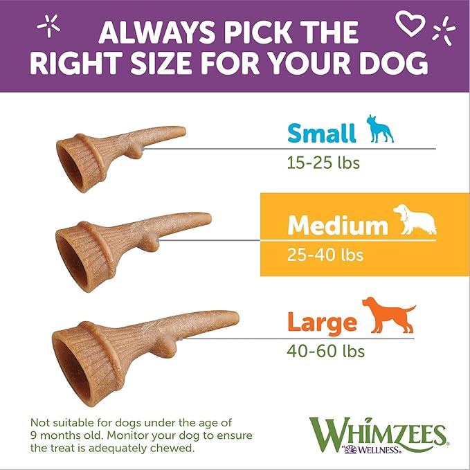 WHIMZEES by Wellness Occupy Antler Natural Dental Chews for Dogs, Long Lasting Treats, Grain-Free, Freshens Breath, Medium Breed, 12 count