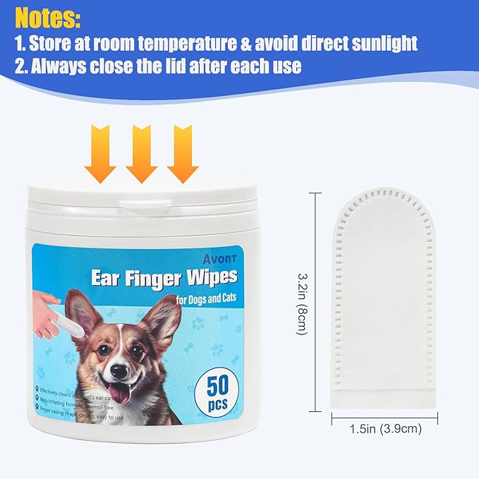 Avont 2 Pack Dog Ear Cleaner Wipes, Gentle Ear Relief Cleaning Finger Sheath for Cats Pets, 100 Disposable Pieces