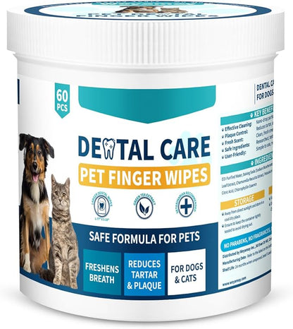 Pet Teeth Cleaning Wipes for Dogs & Cats, Dog Tooth Brushing Kit Dog Dental Wipes, 60Pcs Reduces Tartar & Plaque Fresh Breath Dog Teeth Cleaning Finger Toothbrush, Disposable Gentle Dog Teeth Wipes