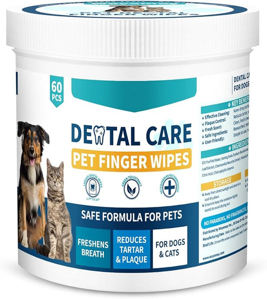 Pet Teeth Cleaning Wipes for Dogs & Cats, Dog Tooth Brushing Kit Dog Dental Wipes, 60Pcs Reduces Tartar & Plaque Fresh Breath Dog Teeth Cleaning Finger Toothbrush, Disposable Gentle Dog Teeth Wipes