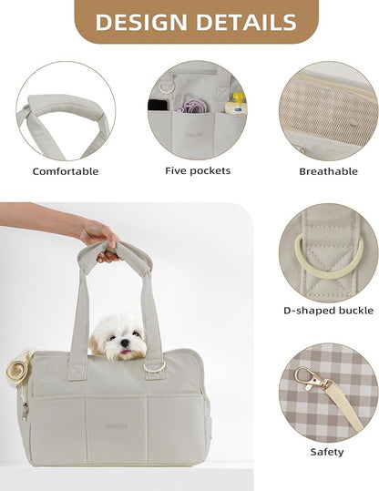 Dog Carrier for Small Dogs Rabbit cat with Large Pockets, Cotton Bag, Dog Carrier Soft Sided, Collapsible Travel Puppy Carrier (Grey, 13.6" L x 6.5" W x 10" H)