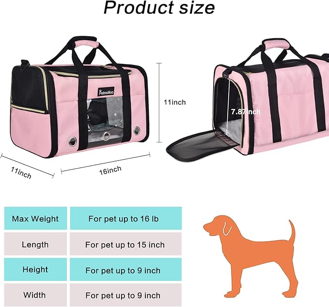 Petmolico Cat Carrier Dog Carrier, Airline Approved Soft Pet Travel Carrier with 3 Open Doors Mesh Windows for Cats Puppy 16 lbs, Pink