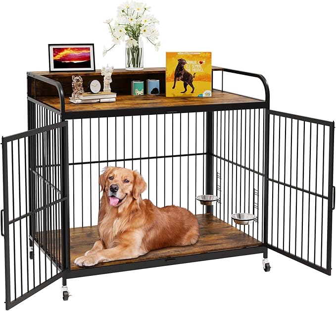 Dog Crate Furniture, Dog Crates Side End Table Indoor, Wooden Dog Kennel with Adjustable Height and 360° Rotating Feeder, Decorative Dog Crate Furniture for Large Dogs (48" L x 29.92" W x 44.29" H)