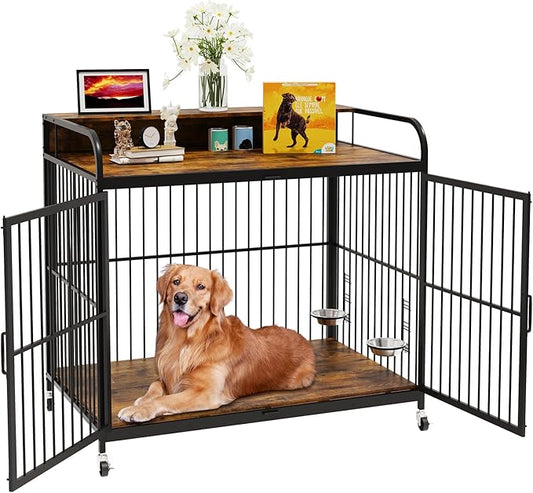 Dog Crate Furniture, Dog Crates Side End Table Indoor, Wooden Dog Kennel with Adjustable Height and 360° Rotating Feeder, Decorative Dog Crate Furniture for Large Dogs (48" L x 29.92" W x 44.29" H)