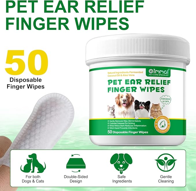 Ear Cleaning Wipes for Dogs & Cats, Gently Remove Wax & Debris, Reduce Ear Inflammation, Finger Set Cellular Network Design, Rich in Fermented Coconut Oil and Aloe Vera, All Natural, 50 Count
