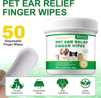 Ear Cleaning Wipes for Dogs & Cats, Gently Remove Wax & Debris, Reduce Ear Inflammation, Finger Set Cellular Network Design, Rich in Fermented Coconut Oil and Aloe Vera, All Natural, 50 Count