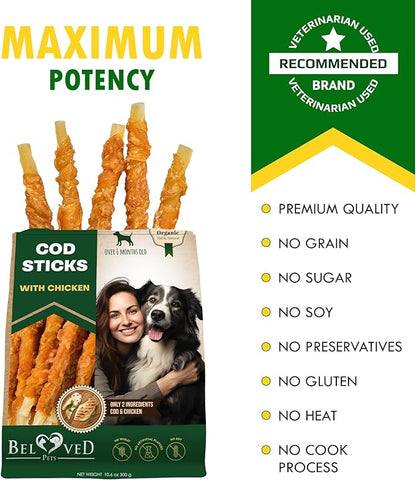 Beloved Pets Cod Sticks Dog Treats Chicken Wrapped - All Natural Rawhide - Free & Grain Free Long Lasting Chews for Large & Small Dogs - Dried Pet Snacks - Support Healthy Teeth & Skin Coat