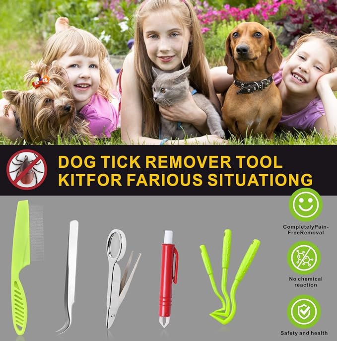 Tick Removal Tool for Dogs, Stainless Steel Tick Tweezers Remover Tool Kit, 3 Pack Quick & Safe Tick Hook Flea Tick Tweezers Clip Remover Flea Comb Magnifying Glass for Dogs Cats Human