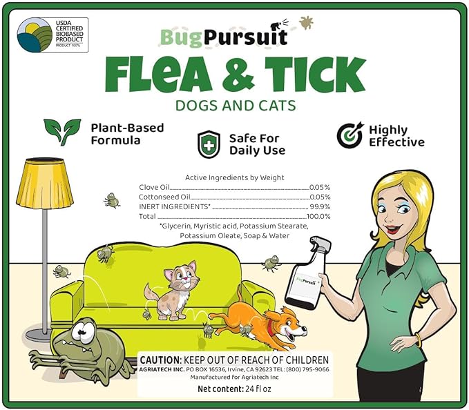 24oz Flea &Tick Spray, Flea and Tick Prevention for Dogs, Cats, Non-Toxic, Safe for Pets & Kids, Flea and Tick Spray for Home, Killer Flea, Tick, Lice, 100% USDA Biobased, Made in USA