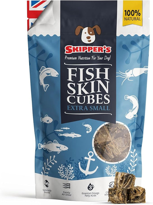 SKIPPER'S Cod Fish Skin Extra Small Jerky Cubes - Gently Air Dried Single Ingredient Cod Skin Dog Treats, Rich in Omega 3 & Grain Free Crunchy Bites, Hypoallergenic | Great for Teeth (9 Oz)