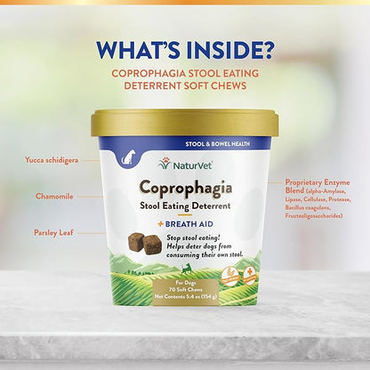 NaturVet – Coprophagia Stool Eating Deterrent Plus Breath Aid – Deters Dogs from Consuming Stool – Enhanced with Breath Freshener, Enzymes & Probiotics – 70 Soft Chews