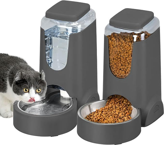 2 Pack Automatic Cat Feeder and Stainless Steel Water Dispenser, Gravity Dog Waterer Set Food Feeder and Waterer Set for Small Medium Kitten Puppy Pets(1 Gallon x 2, Charcoal Gray)