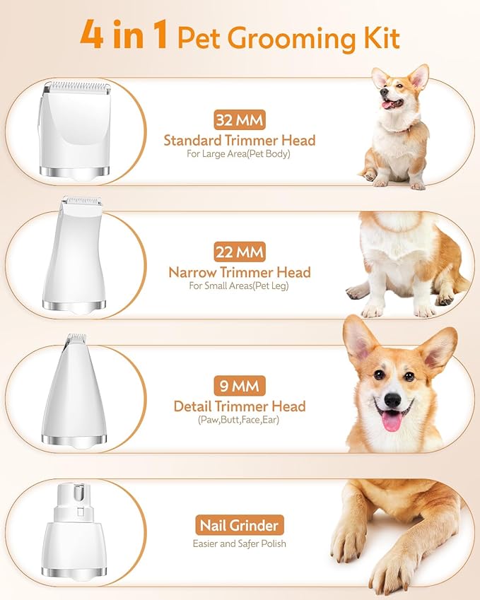 Dogs Hair Clippers Grooming Kit with Nail Grinder, 4 in 1 Cordless Electric Trimmer for Dogs Cat Low Noise USB Rechargeable, Pet Clippers Grooming Paws, Eyes, Ears, Face,Nail, Matted Hair