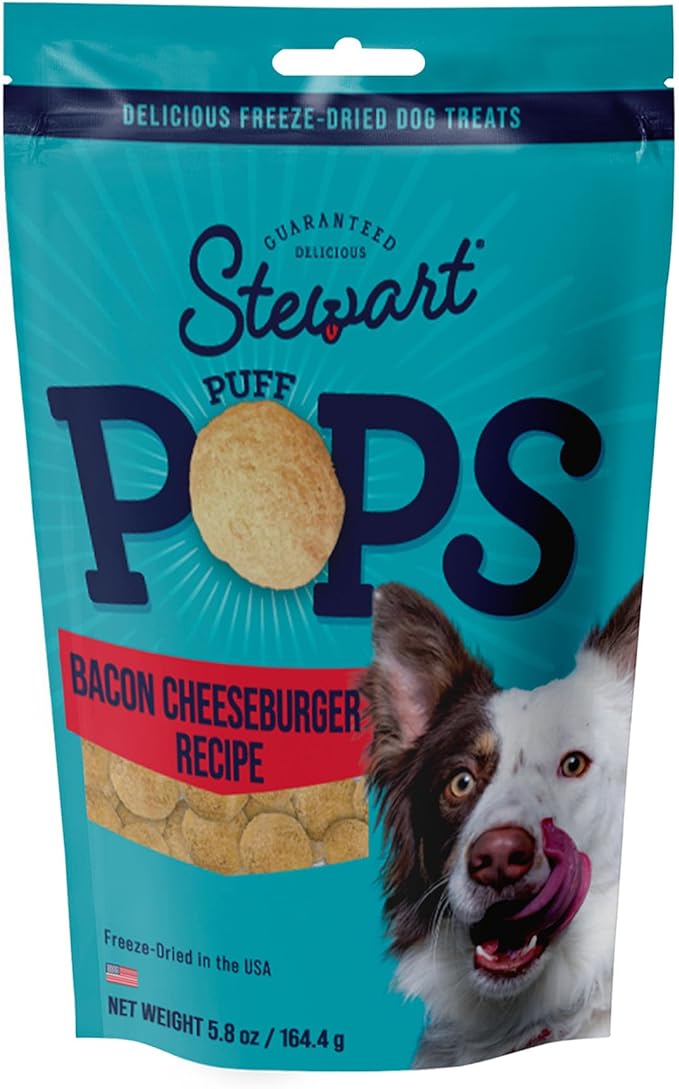 Stewart Freeze Dried Dog Treats, PuffPops Bacon and Cheeseburger Recipe, Gluten Free, 5.8 Ounce Resealable Pouch, Made in USA, Dog Training Treats