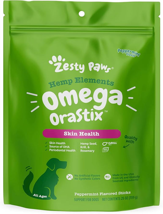 Zesty Paws OraStix for Dogs – Omega Sticks with Hemp Salmon Krill Oil Bone Broth Anti Itch Skin Coat Care Hip & Joint Health Heart Immune System Support Dog Tartar Teeth Cleaning 25oz