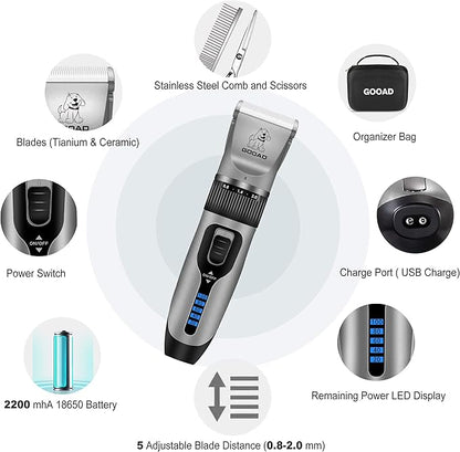 Dog Clippers Grooming Kit and Paw Trimmer,Cordless,Low Noise, Electric Quiet,Rechargeable, Dog Trimmer Grooming, Pet Hair Clippers for Thick Coats,Shaver for Small and Large Dogs Cats(Gray)