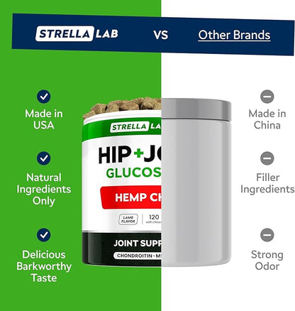 Advanced (Hemp+Glucosamine) Joint Treats for Dogs - Hip & Joint Supplement w/ Chondroitin, Omega-3, MSM - Hemp Chews for Dogs Hip & Joint Pain Relief - Hip & Joint Care - Lamb Flavor - 120Ct