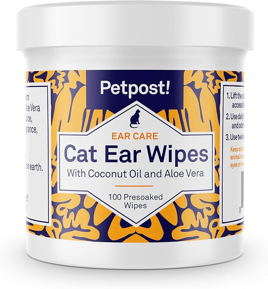 Petpost | Cat Ear Cleaner Wipes - Ultra Soft Cotton Pads in Coconut Oil Solution - Treatment for Removing Cat Ear Dirt & Wax 100 ct.