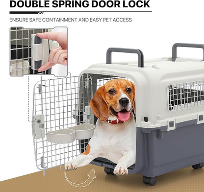MoNiBloom 25.5-Inch Plastic Carrier with Wheels for Small Dogs and Cats, Multifunction Hard Cat Carrier Dog Kennel Ventilation and Security Lock Design for Pets up to 22 Pounds