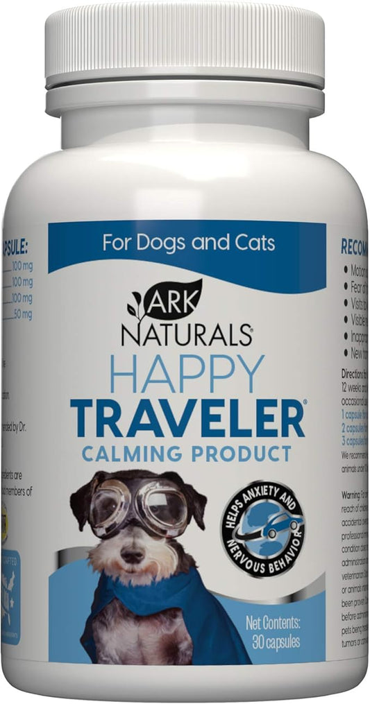 ARK NATURALS Happy Traveler Capsules, Natural Calming Treats for Dogs and Cats, Reduces Anxious and Nervous Behavior, 30 Count, Packaging May Vary,Blue,700146