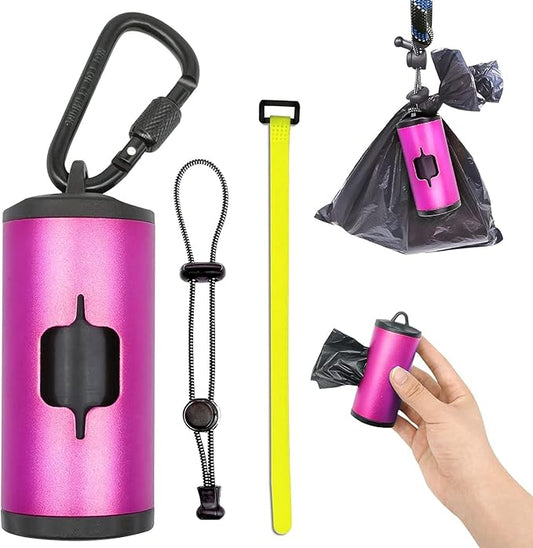 Metal Dog Poop Bags Holder Aluminum Poo Bags Dispenser with 15 Black Unscented Pet Waste Bags and 3 Leash Accessories for Dog Walking(1 Holder 15 Bags,Pink)