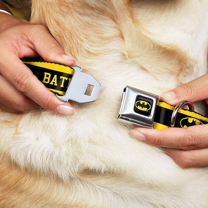 Buckle-Down Seatbelt Buckle Dog Collar - BATMAN/Logo Stripe Yellow/Black - 1.5" Wide - Fits 13-18" Neck - Small