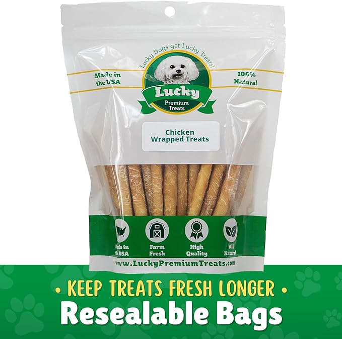 Lucky Premium Treats Chicken Wrapped Dog Treats – USA Made Raw Hide Sticks for Small & Toy Size Dogs – Long Lasting, Preservative Free Dog Treats – 40 Chews