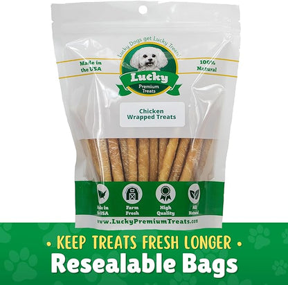 Lucky Premium Treats Chicken Wrapped Dog Treats – USA Made Raw Hide Sticks for Small & Toy Size Dogs – Long Lasting, Preservative Free Dog Treats – 40 Chews