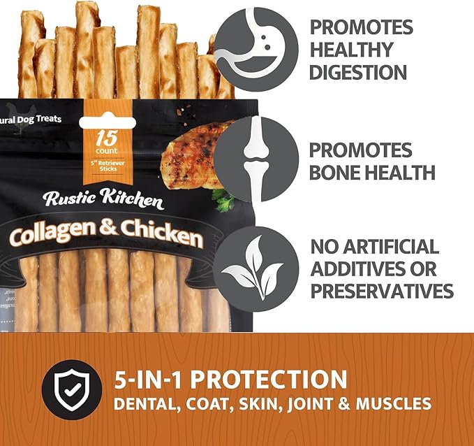 Collagen Chews for Dogs, Chicken Flavored, Dog Chews Long Lasting, Rawhide Free -15 Pack Collagen Sticks for Large, Medium, and Small Dogs