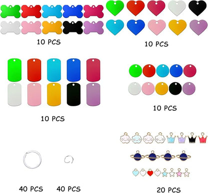 140pcs Pet ID Tag Set with 40pcs Colourful Blank Dog Tags Double Sided Aluminum Cat ID Tags，80pcs Stainless Steel Key Rings and 20pcs Pendants for Dogs Cats Pets Name Phone Number Craft Tag