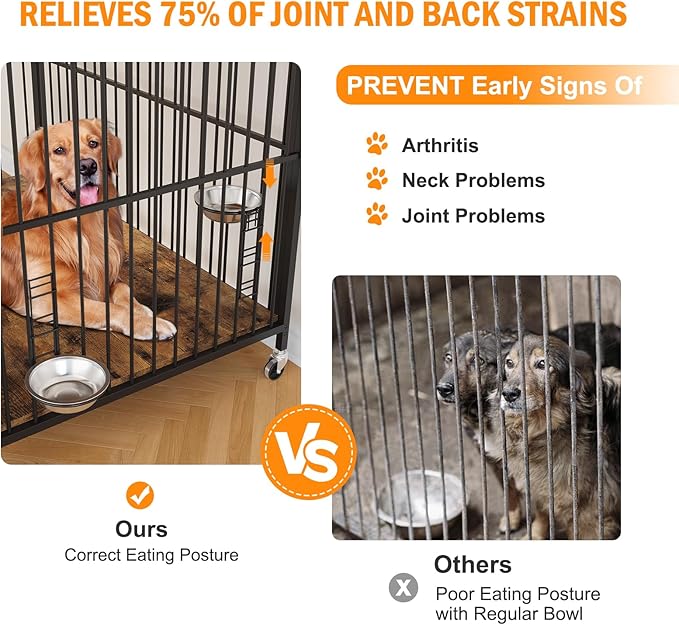 Dog Crate Furniture, Dog Crates Side End Table Indoor, Wooden Dog Kennel with Adjustable Height and 360° Rotating Feeder, Decorative Dog Crate Furniture for Large Dogs (48" L x 29.92" W x 44.29" H)
