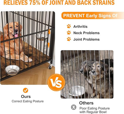31.96 Inch Dog Crate Furniture, Wooden Heavy Duty Dog Crate with Adjustable Height and 360° Rotating Feeder, 2-in-1 Dog Kennel End Table Indoor, Decorative Pet Dog Crate (31.96"L x 20.47"W x 31.49"H)
