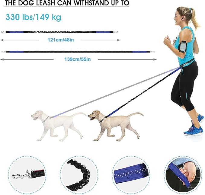 Hands Free Dog Leash with Waterproof Zipper Pouch for Running Walking Jogging Training Hiking Retractable Bungee Dog Running Waist Leash for Small Medium and Large Dogs Reflective Stitches