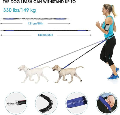 Hands Free Dog Leash with Waterproof Zipper Pouch for Running Walking Jogging Training Hiking Retractable Bungee Dog Running Waist Leash for Small Medium and Large Dogs Reflective Stitches