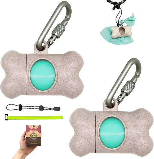 Dog Poop Pickup Bags Holder Dispenser with Standard-Sized Leak-Proof Scented Doggy Waste Bags and Carabiner with Safety Lock&Fastener Never Loose on Leash Lead Again (2 Holders 30 Bags, Beige)