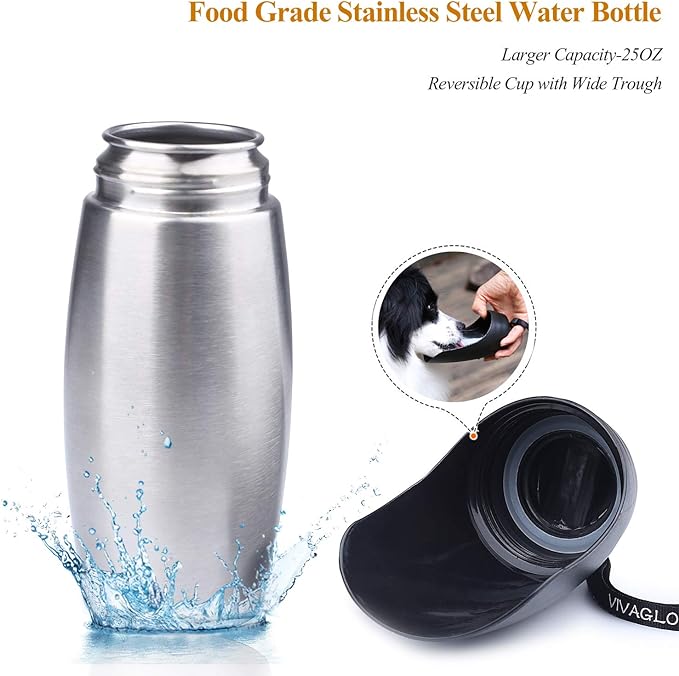 VIVAGLORY 25oz Stainless Steel Water Bottle & Neoprene Bottle Carrier Combo, Dog Drinking Bottles and Water Bottle Holder, Great for Hiking & Traveling with Pets
