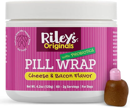 Riley's Pill Wrap for Dogs with Probiotics - Delicious Cheese & Bacon Flavored Pill Paste for Dogs - Wrap Pills, Capsules, Tablets in a Pocket or Pouch to Mask The Taste & Make Pill Time Fun - 4.2 oz