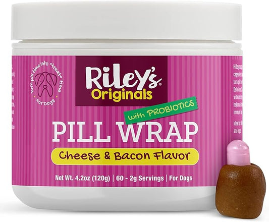 Riley's Pill Wrap for Dogs with Probiotics - Delicious Cheese & Bacon Flavored Pill Paste for Dogs - Wrap Pills, Capsules, Tablets in a Pocket or Pouch to Mask The Taste & Make Pill Time Fun - 4.2 oz