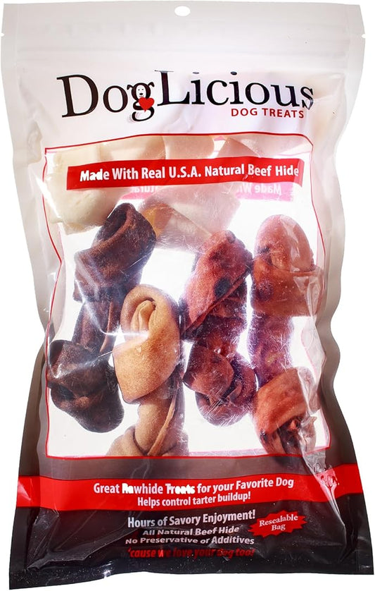 Flavored Rawhide Bones Assortment for Dogs, Long Lasting Dog Chews, Beef, Natural and Chicken Flavored Dog Chew Treats Knotted Bones 4”-5” (Pack of 6) (Item 50872)