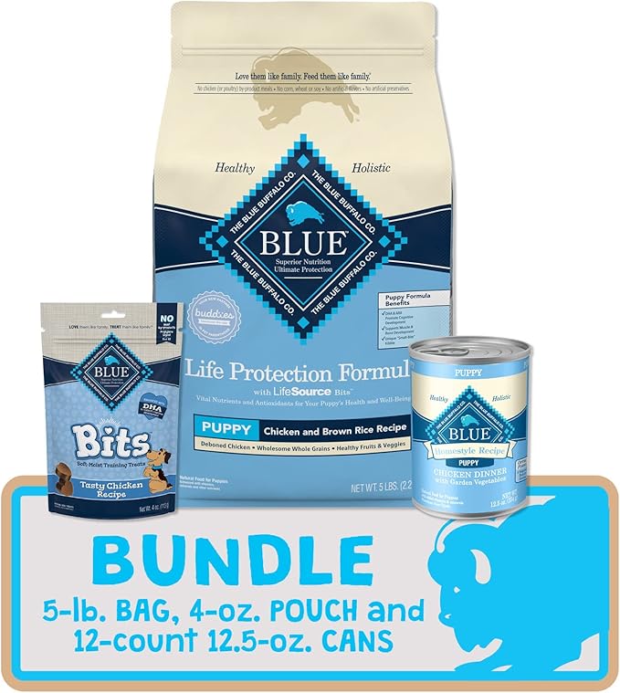 Blue Buffalo Life Protection Formula Natural Puppy Starter Kit- Dry Dog Food, Wet Puppy Food, & BLUE Bits Puppy Training Treats, Chicken