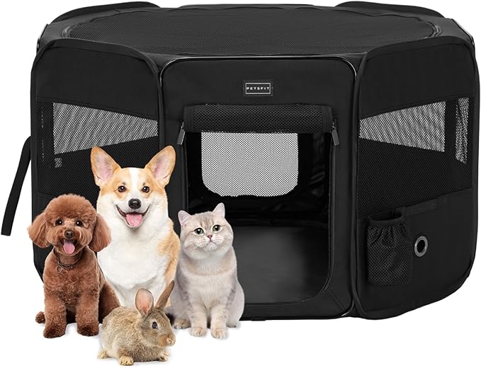 PETSFIT Dog Playpen, 45.5" Sturdy Pop Up Dog Kennel Foldable Dog Pen Indoor Outdoor Puppy Playpen for Medium Dogs Cats with Traveling Bag Zipper Sealed Removable Mesh Top Leakproof Bottom Mat Black L