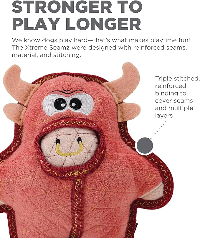 Outward Hound Xtreme Seamz Bull Squeaky Plush Dog Toy - Reinforced Dense Stuffing Plush Toy