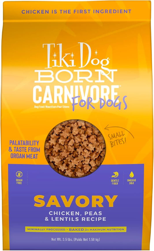 Tiki Dog Born Carnivore for Dogs, Savory Chicken, Peas & Lentils Recipe, Grain Free Baked Kibble for Maximum Nutrition, For Adult Dogs and All Size Breed Dogs, 3.5 lbs. Bag