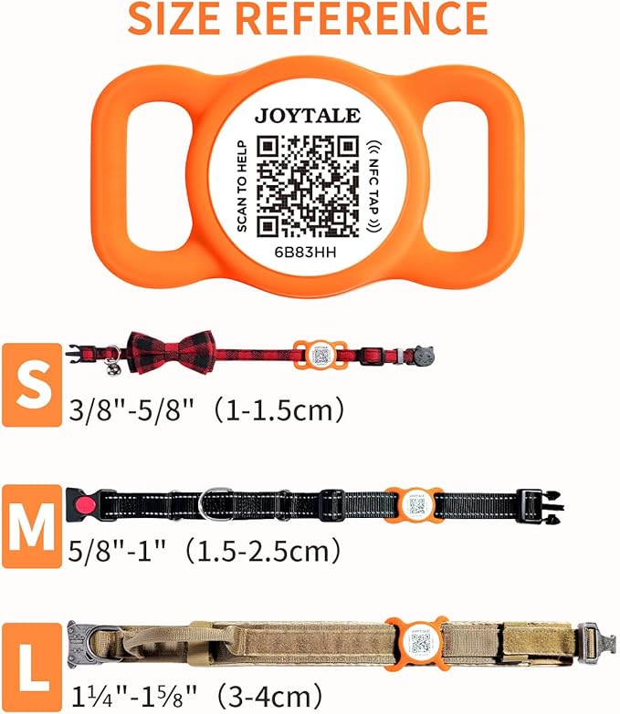Joytale [ NO APP Required ] Silent Silicone QR Code Dog Tag, Slide On Dog Tags for 3/8-5/8 Inch Wide Collars or Vest, NFC Pet Online Profile, Scan QR to Send Location Alert Email, Orange, S