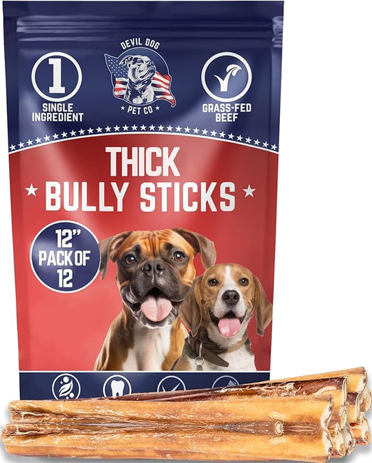 Devil Dog Pet Co. Thick Bully Sticks – 12 Inch 12 Pack Chew Treats, 100% All Natural, Free-Range Grass-Fed Beef – Long Lasting & Rawhide Free Bully Stick Dog Chews – Bully Sticks for Dogs