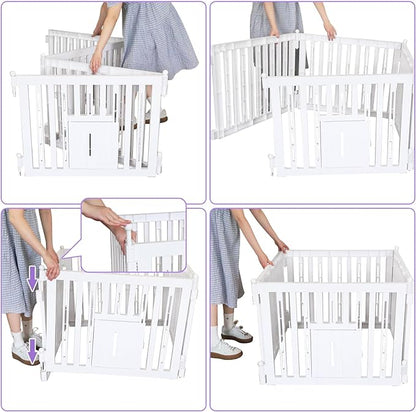 RIZZARI Foldable Plastic Dog Playpen, 4 Panels Pet Fence with Doors for Small Cats and Dogs, Portable Pet Barrier for Indoor and Outdoor, Easy to Assemble (White with Door)