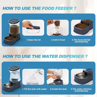 Automatic Dog Water Dispenser Gravity Stainless Steel Water Waterer & Food Feeder Set, Large Capacity Feeding Bowls for Medium & Large-Sized Dogs Cats Other Pets -(1 Gallon x2)