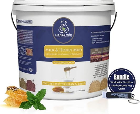 Madra Mor Milk & Honey Mud Spa Bath for Dogs | Dog Bath for Dog Grooming | Dog Coat Skin Care Products | 7.5lb Pail Mud Bath Dog Essentials with Multi-Purpose Key Chain